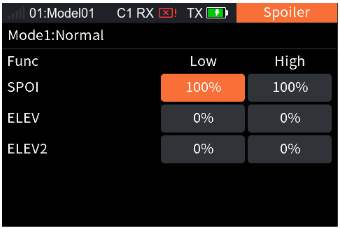 Spoiler with SPOI Low/High 100% and ELEV Low/High 0%
