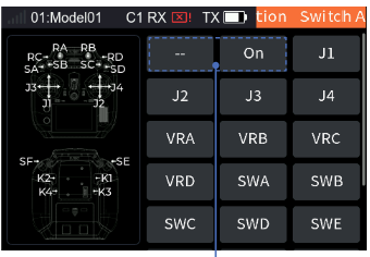 The Switch Allocation interface with the transmitter preview and the buttons --, On, J1 to J4, VRA to VRC, VRD, SWA, SWB, SWC, SWD, SWE