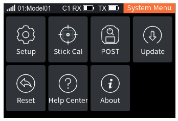 System Menu with Setup, Stick Cal, POST, Firmware Update, Factory Reset, Help Center, About