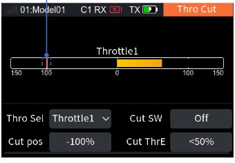 Thro Cut with Thro Sel Throttle1, the throttle bar, Cut SW Off, Cut pos −100% and Cut ThrE −50%