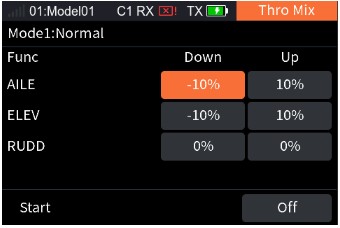 Thro Mix with Start Off and the rates of AILE, ELEV and RUDD, DW and UP