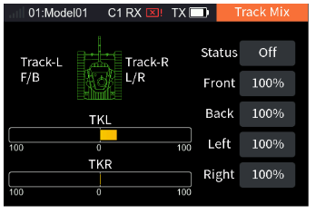 Track Mix with Status Off, Front 100%, Back 100%, Left 100%, Right 100% and the track bars
