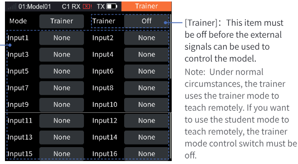 Trainer with Mode Trainer, Trainer Off and Input1 to Input16: None
