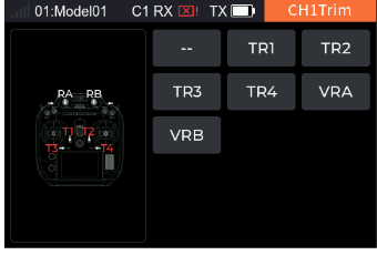 CH1 Trim with --, TR1 to TR4, VRA and VRB