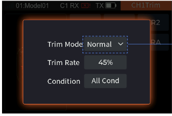 The trim parameter pop-up with Trim Mode Normal, Trim Rate 45%, Condition All Cond