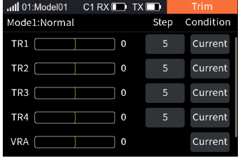 Trim with the bars of TR1 to TR4 and VRA, the Step 5 and Condition Current columns