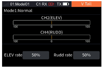 V Tail with the CH2 (ELEV) and CH4 (RUDD) bars, ELEV rate 50% and Rudd rate 50%