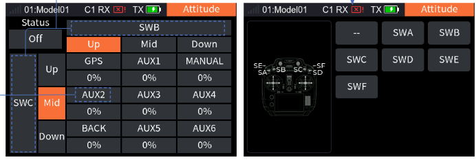 Attitude with Status Off, the two switch boxes --, and the 3×3 grid of presets with names and values; and the Switch Allocation interface