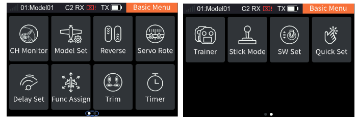 The two pages of the Basic Menu: CH Monitor, Model Set, Reverse, Servo Rote, Delay Set, Func Assign, Trim, Timer; Trainer, Stick Mode, SW Set, Quick Set