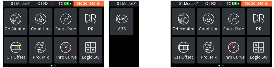 The Model Menu of a car with Humvees (… Thro Curve, Logic SW, ABS) and with track (… Thro Curve, Logic SW, Track Mix)