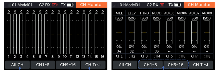 CH Monitor with the bars of all 16 channels and the tabs All CH, CH1–8, CH9–16, CH Test; and the CH1–8 view with the channel values, names and controls