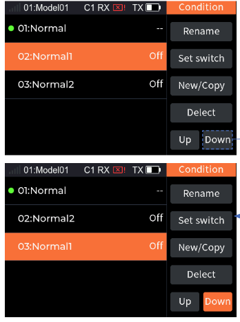 Condition with the Delete button and the prompt Are you sure you want to delete this condition? YES / NO, and the condition list with the priority arrows