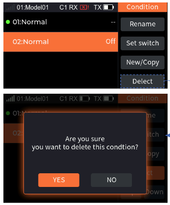 Condition with the New/Copy button and the prompt Create a new condition according to the selected condition parameters? YES / NO