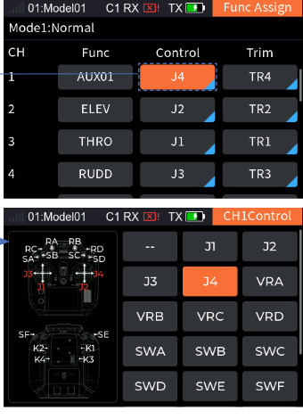 Func Assign with CH1 Control J4 selected and the CH1 Control interface with --, J1 to J4, VRA to VRD, SWA to SWF