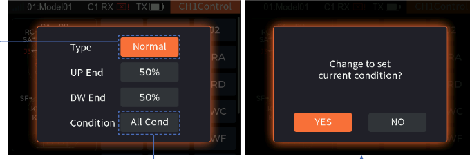 The parameter pop-up for VRA with Type Normal, UP End 50%, DW End 50%, Condition All Cond, and the prompt Change to set current condition? YES / NO
