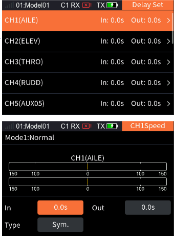 Delay Set with CH1 (AILE) to CH5 (AUX05): In 0.0s, Out 0.0s; and the CH1 Speed interface with the position bars, In 0.0s, Out 0.0s and Type Sym.