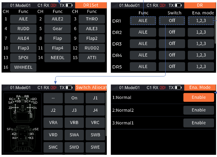 DR with DR1 to DR5: Func None, Switch Off; the DR1 setup with Func, Switch and Ena. mode; the function list; and the Switch Allocation interface