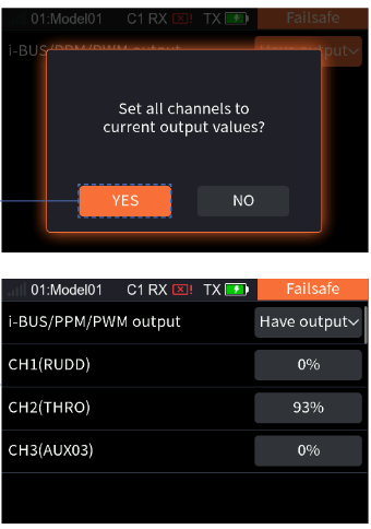 The prompt Set all channels to current output values? YES / NO, and Failsafe with i-BUS/PPM/PWM output: Have output, CH1 (RUDD) 0%, CH2 (THRO) 93%, CH3 (AUX03) 0%
