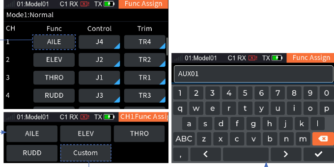 Func Assign with CH1 selected, the CH1 Func Assign list with AILE, ELEV, THRO, RUDD, Custom, and the soft keyboard with AUX01