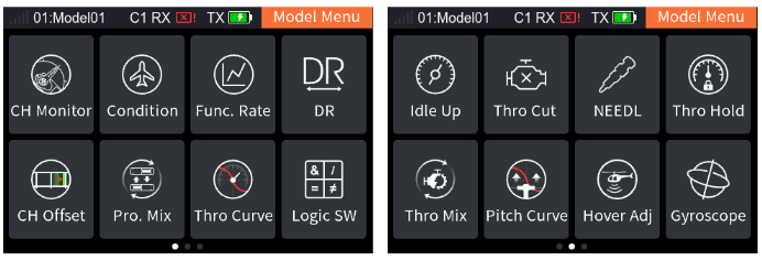The two pages of the helicopter Model Menu: CH Monitor, Condition, Func. Rate, DR, CH Offset, Pro. Mix, Thro Curve, Logic SW; Idle Up, Thro Cut, NEEDL, Thro Hold, Thro Mix, Pitch Curve, Hover Adj, Gyroscope, Governor