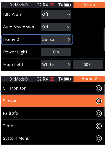 Setup with Home 2: Sensor, and the Home 2 list with CH Monitor, Sensor (selected), Failsafe, Timer, System Menu