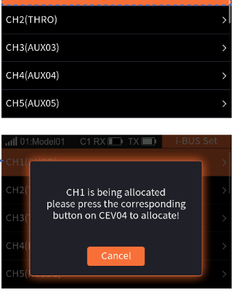 i-BUS Set with the channel list and the prompt to press the corresponding key on the serial bus receiver