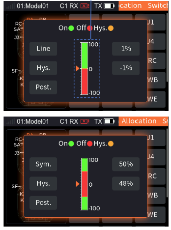 The continuous switch pop-up in Line mode with 1% and −1%, and in Sym. mode with 50% and 48%