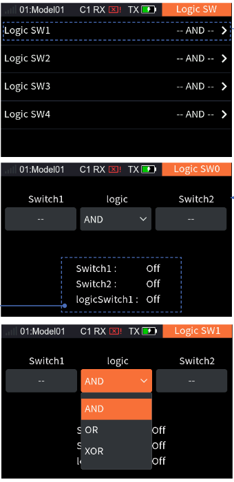 Logic SW with LSW1 to LSW4, the LSW1 setup with Switch1 SWA, Switch2 SWB and Logic AND, the status display of switch1, switch2 and logic switch1, and the Switch Allocation interface