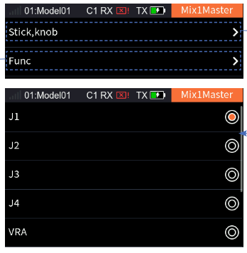Mix1 with Master AILE, Slave CH1(AILE), Link Off, Trim Off, Open DLY 0.0s, Clos DLY 0.0s, Mix rate 11PL/Type; and the Master selection with Stick,knob and Func