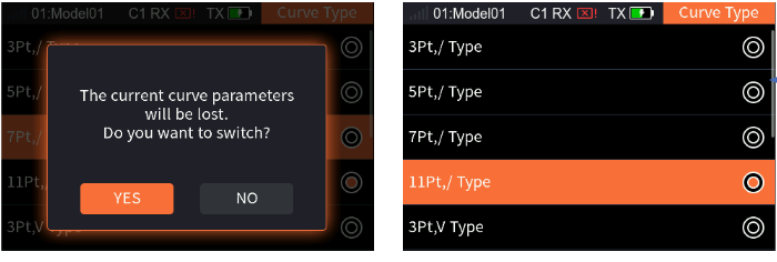 Mix1 Curve with the graph, Line, Point, Rate, Up and Down, and the prompt The curve type will be changed. Are you sure? YES / NO