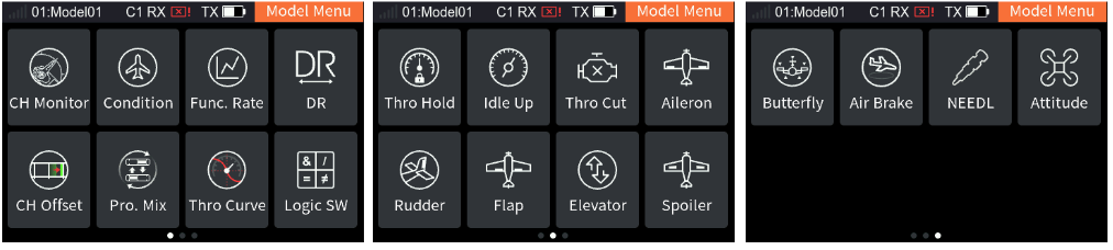The three pages of the Model Menu: CH Monitor, Condition, Func. Rate, DR, CH Offset, Pro. Mix, Thro Curve, Logic SW; Thro Hold, Idle Up, Thro Cut, Aileron, Rudder, Flap, Elevator, Spoiler; Butterfly, Air Brake, V Tail, NEEDL, Attitude