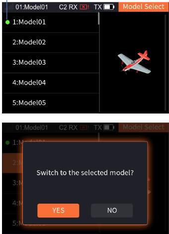 Model Select with the models 1:Model01 to 5:Model05 and the green dot at the current model, and the prompt Switch to the selected model? YES / NO