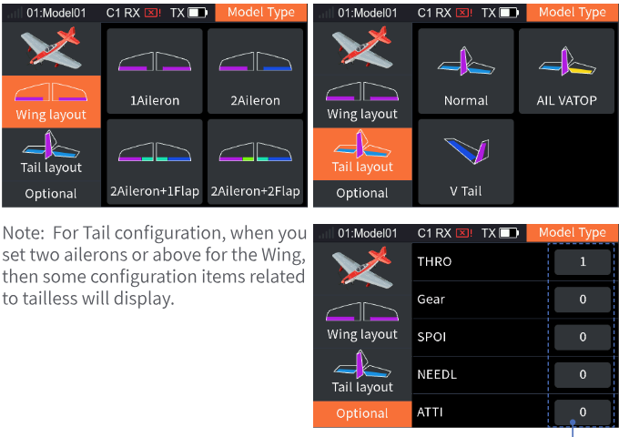 Model Type for a fixed wing: Wing layout with 1Aileron, 2Aileron, 2Aileron+1Flap, 2Aileron+2Flap; Tail layout with Normal, AIL VATOP, V Tail; and Optional with THRO 1, Gear, SPOI, NEEDL, ATTI