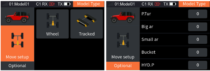 Model Type for a car: Move setup with Wheel and Tracked and Optional with P.Tur, Big ar, Small ar, Bucket, HYD.P