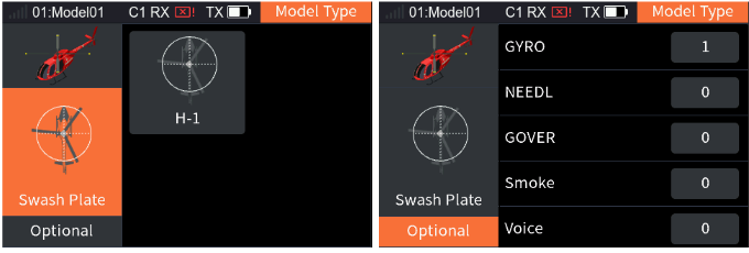 Model Type for a helicopter: Swash Plate H-1 and Optional with GYRO 1, NEEDL, GOVER, Smoke, Voice