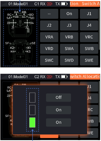 The Switch Allocation interface with SWC selected in orange, and the position pop-up with Off, On, On and the position indicator