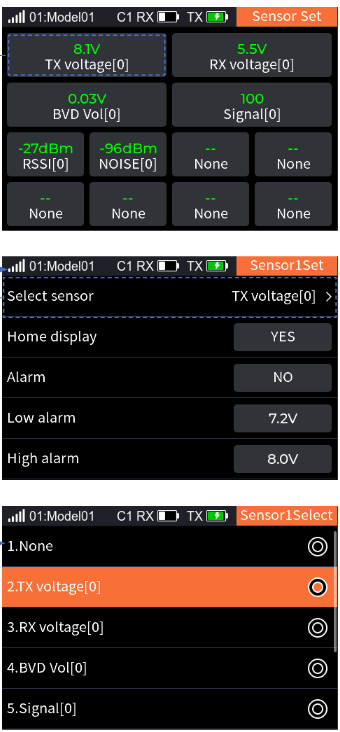 Sensor Set with the sensor tiles TX voltage, RX voltage, BVD Vol, Signal, RSSI, NOISE; the Sensor1 Set page with Select sensor TX voltage, Home display YES, Alarm NO, Low alarm 7.2V, High alarm 8.0V; and the Sensor1 Select list