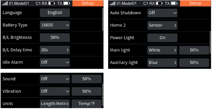 The Setup pages: Language English, Battery Type 18650, B/L Brightness 50%, B/L Delay time 30s, Idle Alarm Off; Auto Shutdown Off, Home 2 Sensor, Power Light On, Main light White 50%, Auxiliary light Blue 50%; Sound Off 50%, Vibration Off 50%, Units Length: Metric, Temp: °F