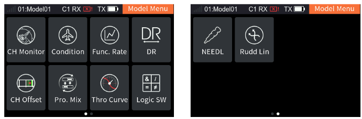 The two pages of the ship Model Menu: CH Monitor, Condition, Func. Rate, DR, CH Offset, Pro. Mix, Thro Curve, Logic SW; Double Engine Mix, Rudd Linkage, NEEDL