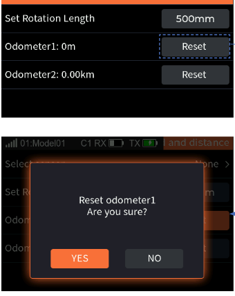 Speed and distance with Select Sensors, Set Rotation Length, Odometer1 and Odometer2 with their reset options