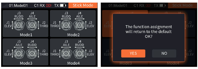 Stick Mode with Mode1 to Mode4 and their stick assignments, and the prompt The function assignment will return to the default. OK? YES / NO