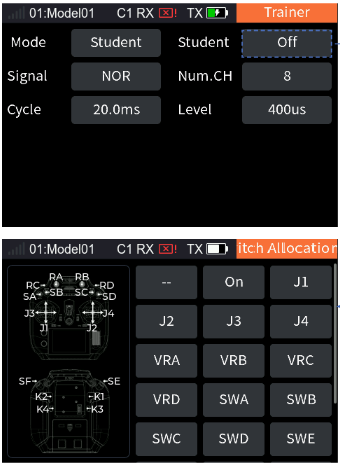 Trainer with Mode Student, Student Off, Signal NOR, Num.CH 8, Cycle 20.0ms, Level 400us; and the Switch Allocation interface