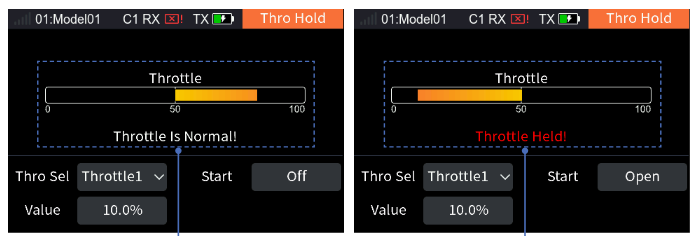 Thro Hold with Throttle1, the throttle bar, Start Off and Value −80%, once with the hold switch off and once on