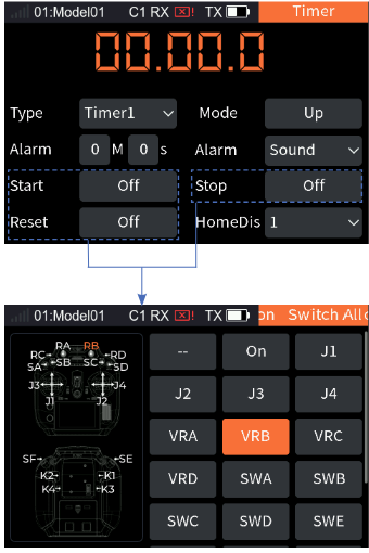 Timer with the Start switch selected and the Switch Allocation interface with --, On, J1 to J4, VRA to VRD, SWA to SWE