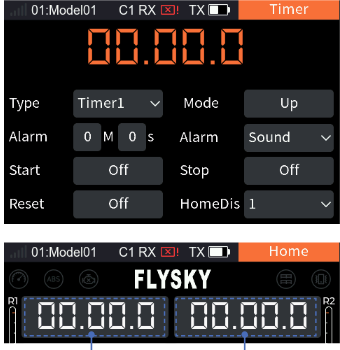 Timer with Type Timer1, Mode Up, Alarm 0 M 0 s, Alarm Sound, Start Off, Stop Off, Reset Off, HomeDis 1; and the Home screen with the two timer areas [1] and [2]