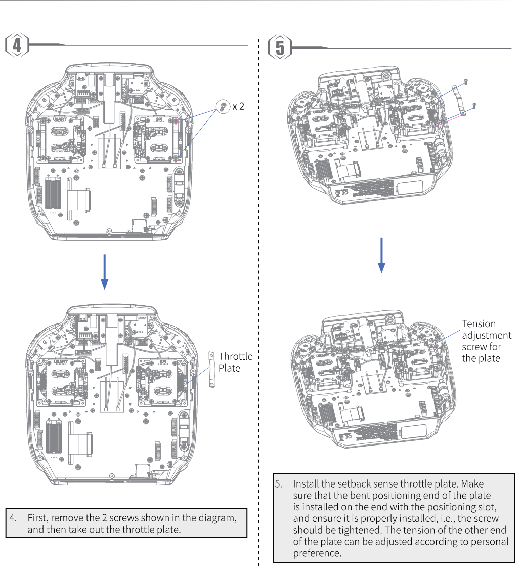 Steps 4 to 6: the 2 screws of the throttle plate, the ratchet plate with its tension adjustment screw, and reattaching the back cover