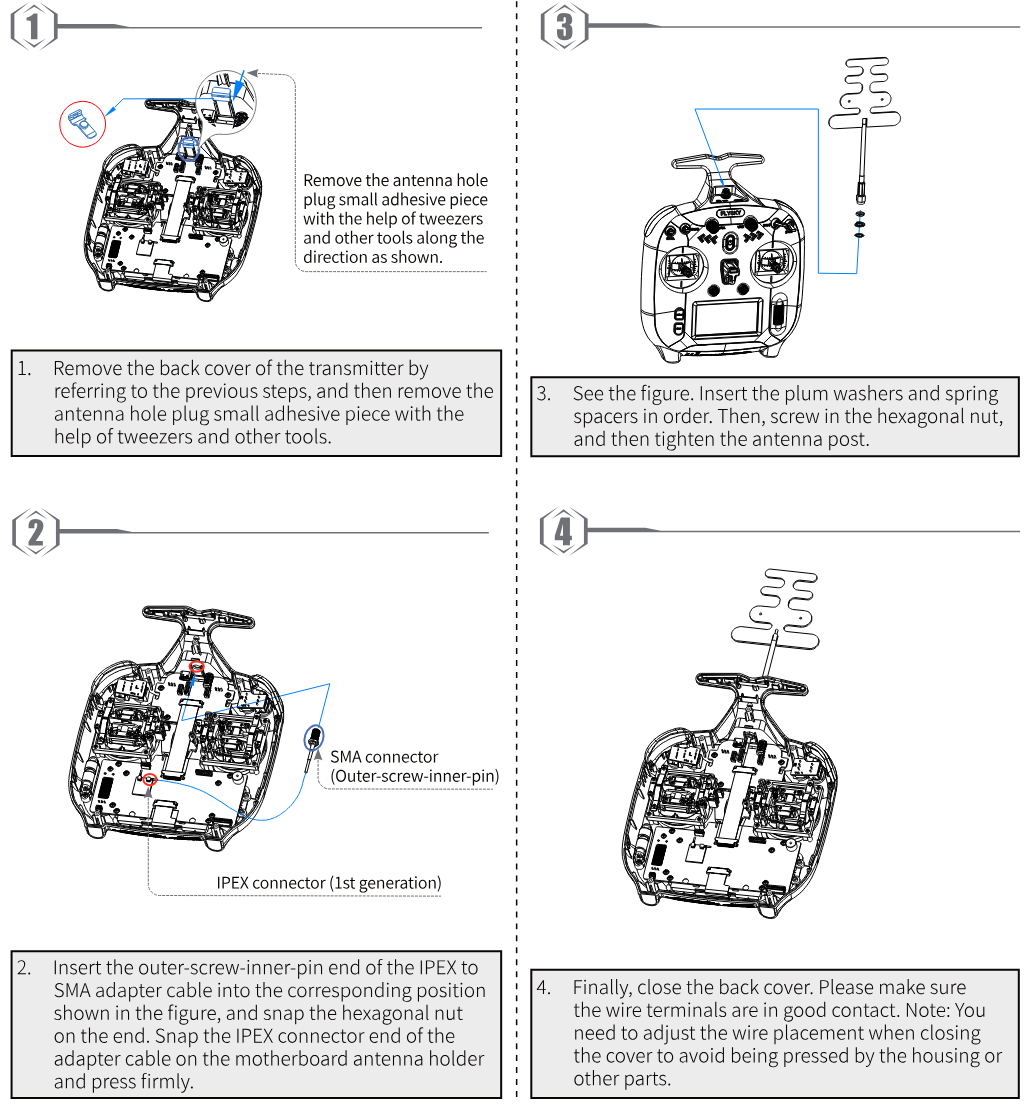 Steps 1 to 4: remove the antenna hole plug adhesive piece with tweezers; insert the SMA end of the IPEX to SMA adapter cable and snap the IPEX connector onto the motherboard antenna holder; fit the washers, spring spacers and hexagonal nut and tighten the antenna post; close the back cover