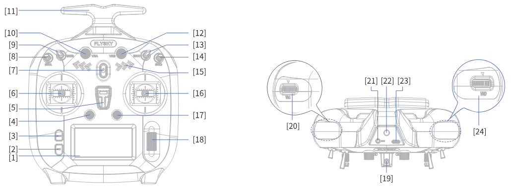 Front and top view of the FS-ST8 with the numbered parts [1] to [24]