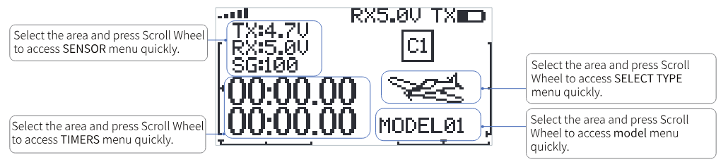 Select an area of the main interface and press Scroll Wheel to access the SENSOR, TIMERS, SELECT TYPE or model menu quickly