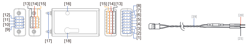 The FS-SR8 receiver from the side and above with its numbered parts [1] to [18], and the BVD harness [19] to [21]